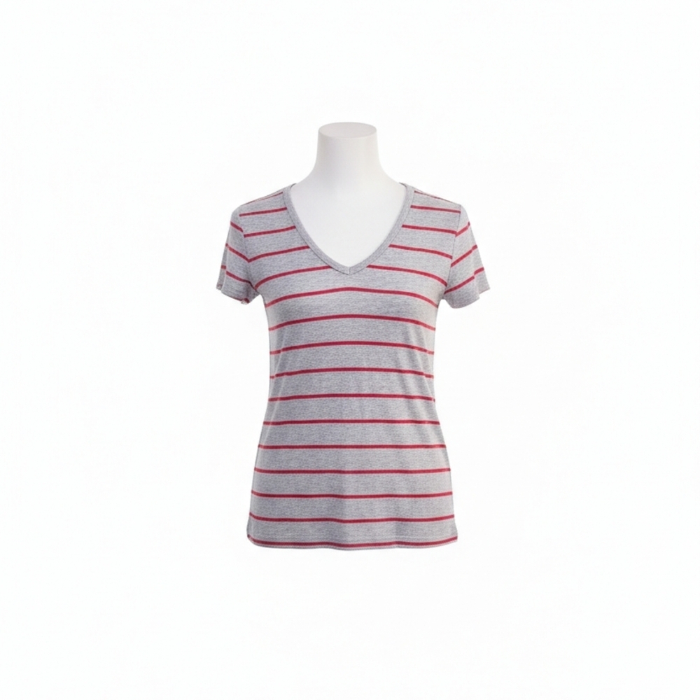 GAP Gray and Red Striped V-Neck Tee